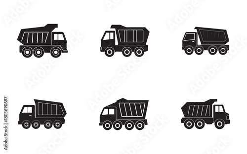 Variety of Dump Truck Silhouettes on White Background Perfect for Construction Transportation and Childrens Themes