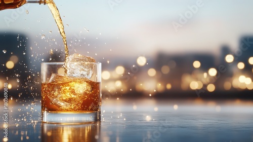 Close Up of Whiskey Bottle Being Poured into Glass with Ice Cubes