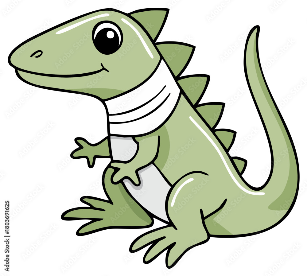 Fototapeta premium A cute green cartoon dinosaur with a neck brace recovering from an injury