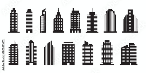 Collection of black skyscraper icons on a