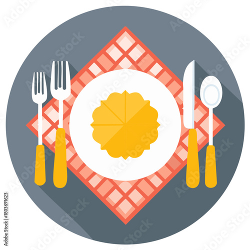Flat design vector icon of a dining place setting with cutlery and food on a checkered napkin