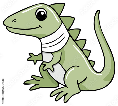 A cute green cartoon dinosaur with a neck brace recovering from an injury