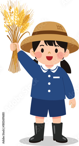 Cartoon child in school uniform, straw hat, holding wheat, farming education, harvest theme, agriculture learning, kids illustration, rural life