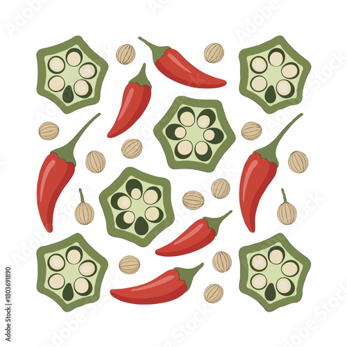 A vibrant and colorful arrangement of fresh red chili peppers and sliced green okra pods scattered with small chickpeas isolated on white background