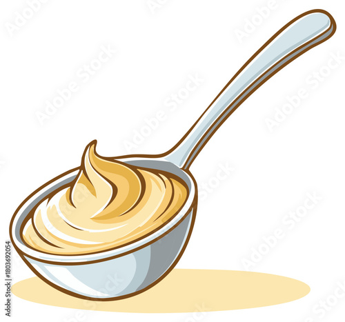 Cartoon spoon full of creamy yellow sauce food ingredient illustration