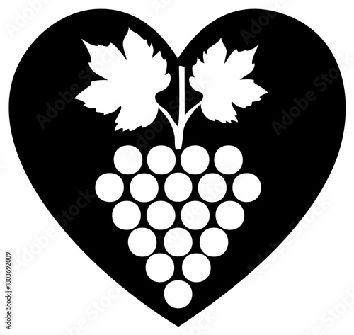 Wine Grape Cluster with Heart Shape Silhouette vector Graphics, Wine Country Vineyard with Leaves,  Grapes Icon