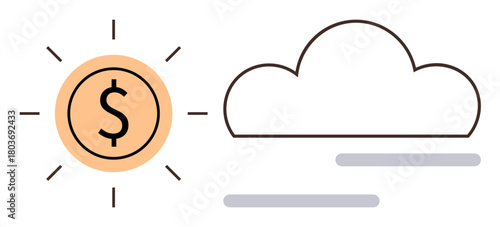 Sun with dollar sign radiates prosperity, next to an outlined cloud and streaks, hinting at connectivity and innovation. Ideal for finance, growth, technology, economy, cloud computing
