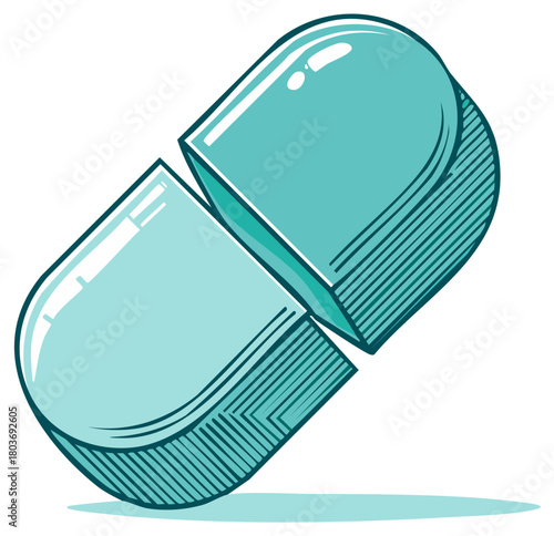 A stylized vector illustration of an open turquoise colored pharmaceutical capsule pill