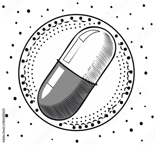 Comic illustration of a capsule medicine tablet inside a decorative frame