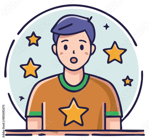 Amazed young man with stars vector illustration representing success and admiration