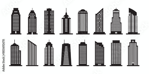 Collection of diverse skyscraper silhouettes isolated on