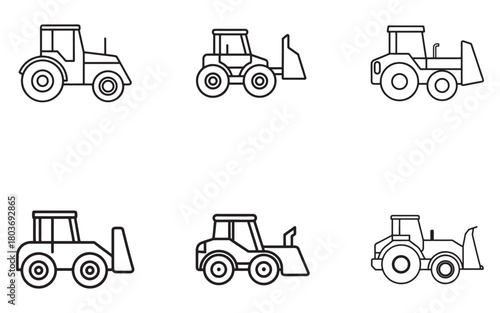 Variety of Vector Outline Tractor and Bulldozer Icons for Agricultural and Construction Machinery Designs