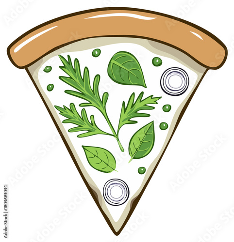Artistic Pizza Slice with Fresh Greens and Onion Rings