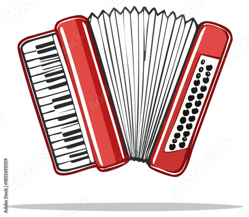 Classic red piano accordion illustration with keyboard and bellows for folk music festival