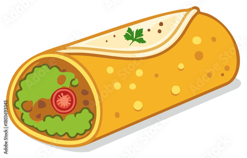 Burrito with Beef, Tomato, and Lettuce: Vector Illustration of a Wrapped Mexican Meal