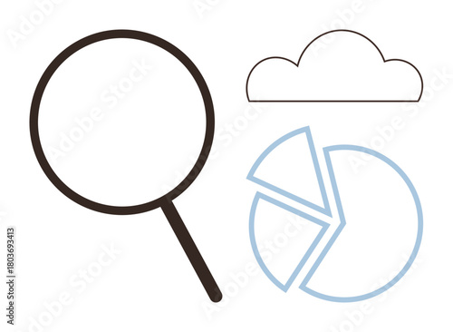 Magnifying glass exploring data on pie chart beneath cloud outline. Ideal for data analysis, cloud computing, research, analytics, business strategy, technology exploration, digital innovation. A