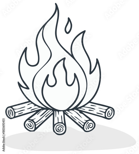 Simple outline illustration of a cozy campfire with burning logs and abstract flickering flames for outdoor adventure