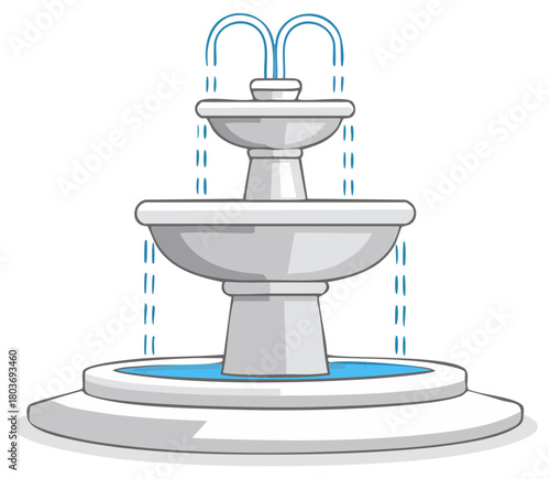 Cartoon illustration of stone fountain with water cascading in park or garden