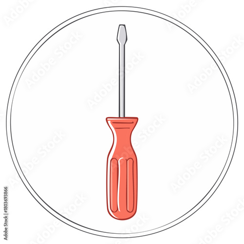 Screwdriver Illustration with Red Handle and Circle Outline