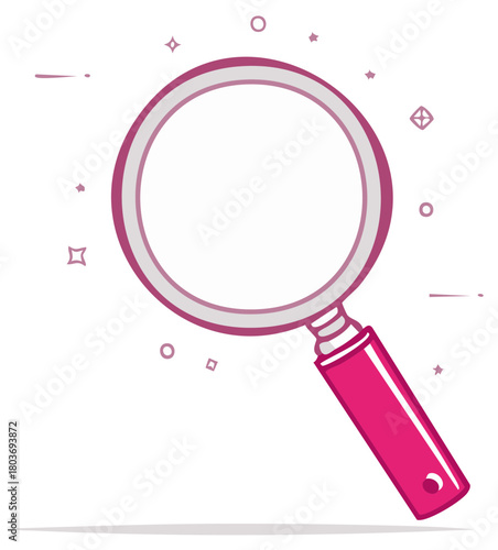 Bright Pink Magnifying Glass with Stars for Search, Discovery, Research or Exploration