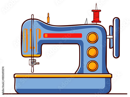 Blue sewing machine vector illustration of vintage style equipment with thread