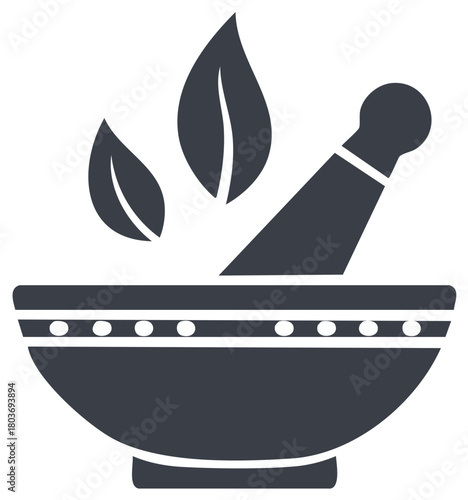 Mortar and Pestle with Leaves Symbol for Herbal Medicine and Natural Remedies