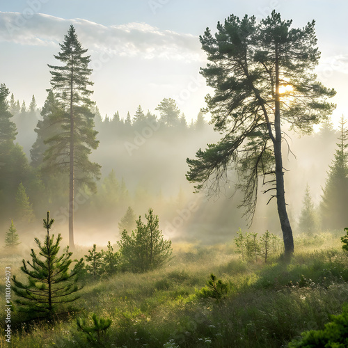 Misty Morning in a Pine Forest with Sunlight Streaming Through Trees.