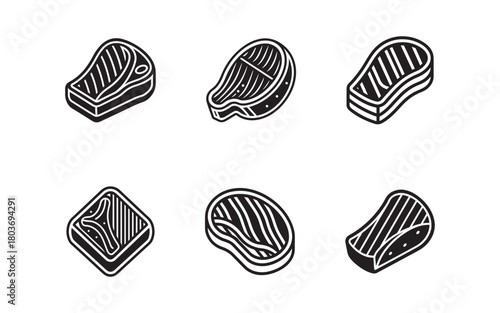 Various Steak Cut Vector Illustrations Set Fresh and Delicious Meat Isolated on White Background Monochrome Food Design
