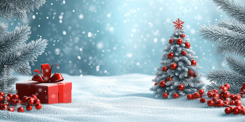 A magical Christmas winter landscape, snowy pine forest, gentle snowfall, red Christmas ornaments hanging from frosted branches, Christmas trees with red baubles and red gift boxes