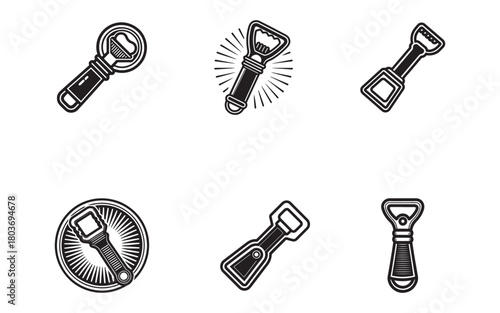 Vector Graphics Set of Bottle Opener Icons for Beer and Soda Beverages Simple Line Art Designs