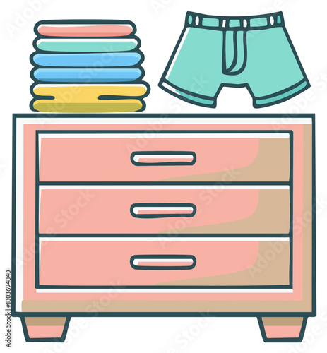 Neatly folded laundry and men's boxer briefs on a bedroom chest of drawers illustration.