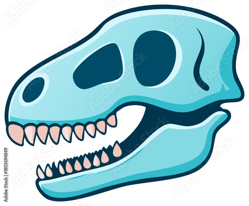 Stylized Blue Dinosaur Skull Illustration Fierce Jaw Open Teeth Visible