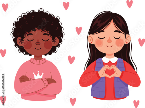 Cartoon children with heart gestures, love and peace theme, emotional well-being, diversity, friendship illustration, self-acceptance, kids character design
