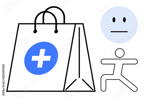 Shopping bag with a medical cross, neutral face, and yoga figure. Ideal for health, wellness, shopping, fitness, mindfulness, self-care and healthcare promotion in a simple flat metaphor