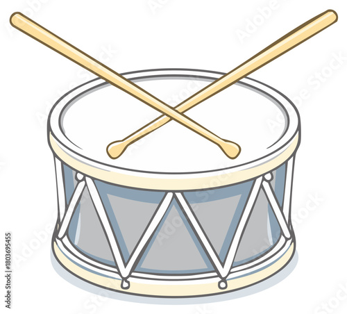 Cartoon snare drum with crossed drumsticks, percussion instrument illustration isolated