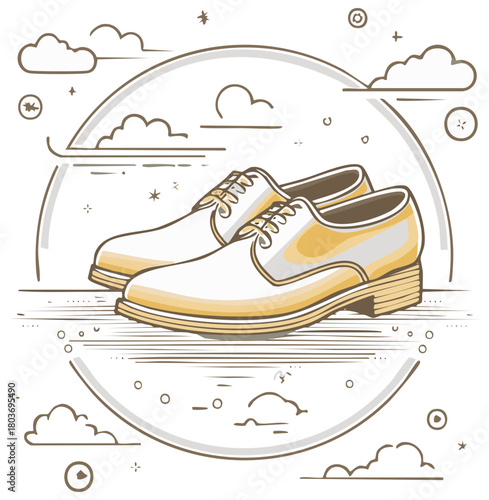 Classic mens dress shoes white and golden outline art illustration design with whimsical elements