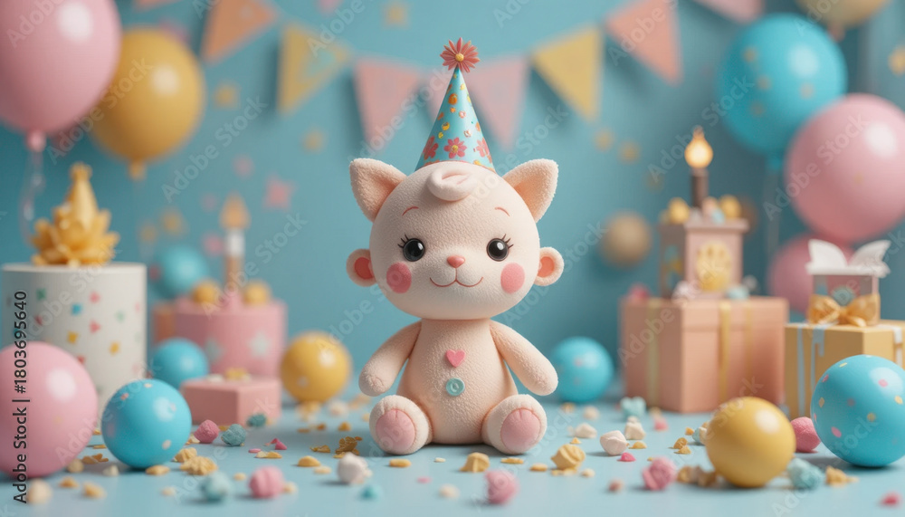 Fototapeta premium Cute plush toy cat wearing party hat sits among colorful balloons, gifts, and confetti, creating festive birthday atmosphere. pastel colors add cheerful and playful vibe