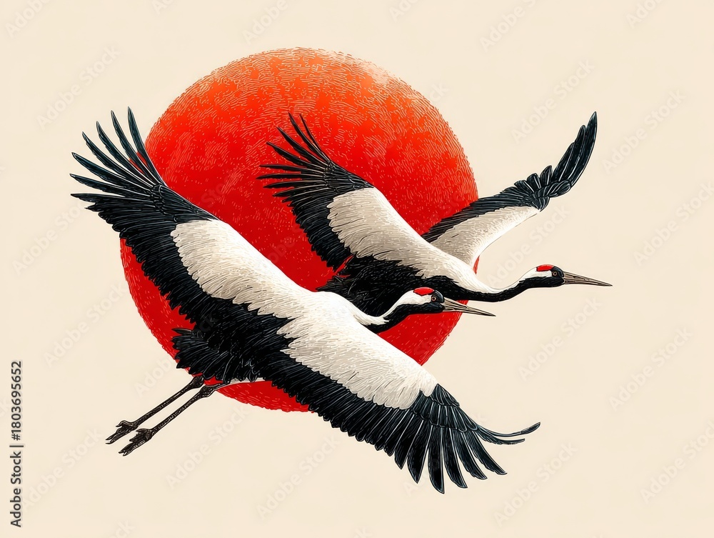 Obraz premium Against a vibrant red sun, two elegant red crowned cranes fly with grace in a Japanese inspired artwork