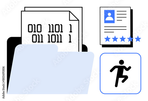 Folder with binary code files, personal profile document with rating stars, and fitness activity icon. Ideal for technology, data management, career analysis, digital security, fitness tracking
