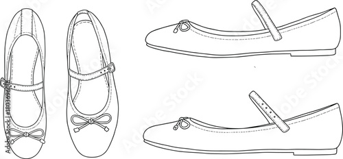 Women's Mary Jane Ballet Flats with Bow Detail Technical Drawing, Top and Side Views, Fashion Footwear Template - CAD Drawing Flat Vector Illustratio