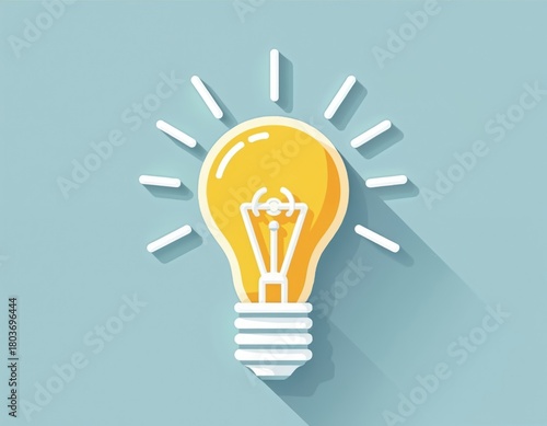 Illustration of a glowing light bulb symbolizing innovation and new ideas. Bright yellow bulb with radiating lines on a light blue background. A symbol of creativity and inspiration.