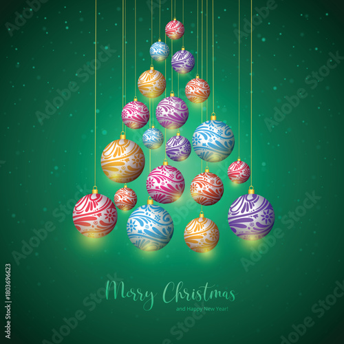Art & Illustration of Merry Christmas greeting card with colorful Christmas balls on gradient green background