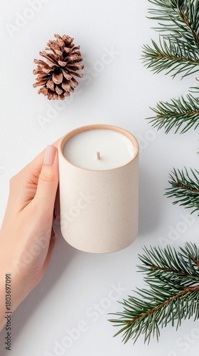 A hand holds a white candle in a ceramic holder, surrounded by natural elements like a pine cone and fir branches, suggesting a cozy winter or holiday theme.