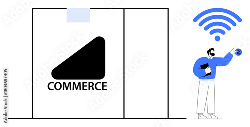 Man completing a digital payment outside a store using technology. Ideal for e-commerce, digital payment, tech innovation, retail, connectivity, mobile solutions, modern business. A simple flat