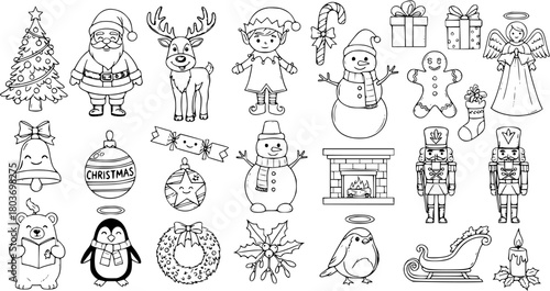 Christmas Holiday Line Art Collection for Kids: Festive Black and White Coloring Page Elements featuring Santa, Reindeer, Elf, Snowman, Tree, Gifts, and more.
