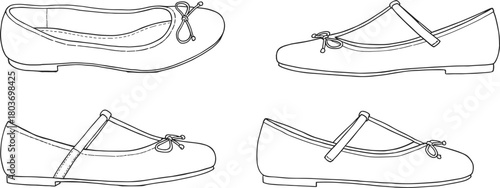 Collection of Women's Mary Jane Ballet Flats Technical Drawings, Various Side Views with Bow and Strap Details - CAD Drawing Flat Vector Illustration