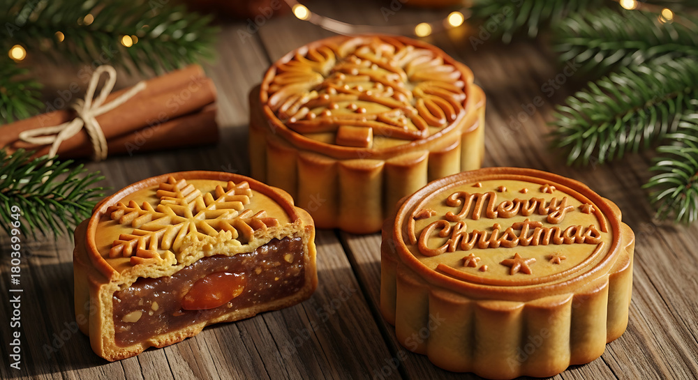 Fototapeta premium Festive Holiday Mooncakes with Christmas Designs on a Rustic Wooden Table Surrounded by Pine Needles and Cinnamon Sticks