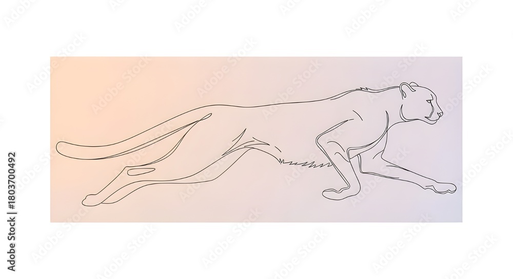 Fototapeta premium A minimalist line drawing of a running cheetah, elegant and simple, on a pastel-colored background, international cheetah day