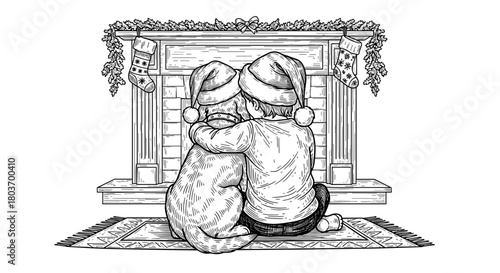 Child Hugging Dog in Santa Hats by Christmas Fireplace — engraving sketch, black and white vintage vector illustration.