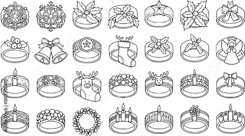 Christmas Holiday Rings Ornaments Line Art Vector Collection. Festive Doodle Set with Snowflakes, Holly, Bells, Reindeer, Angels, Candles. Coloring Book Elements.